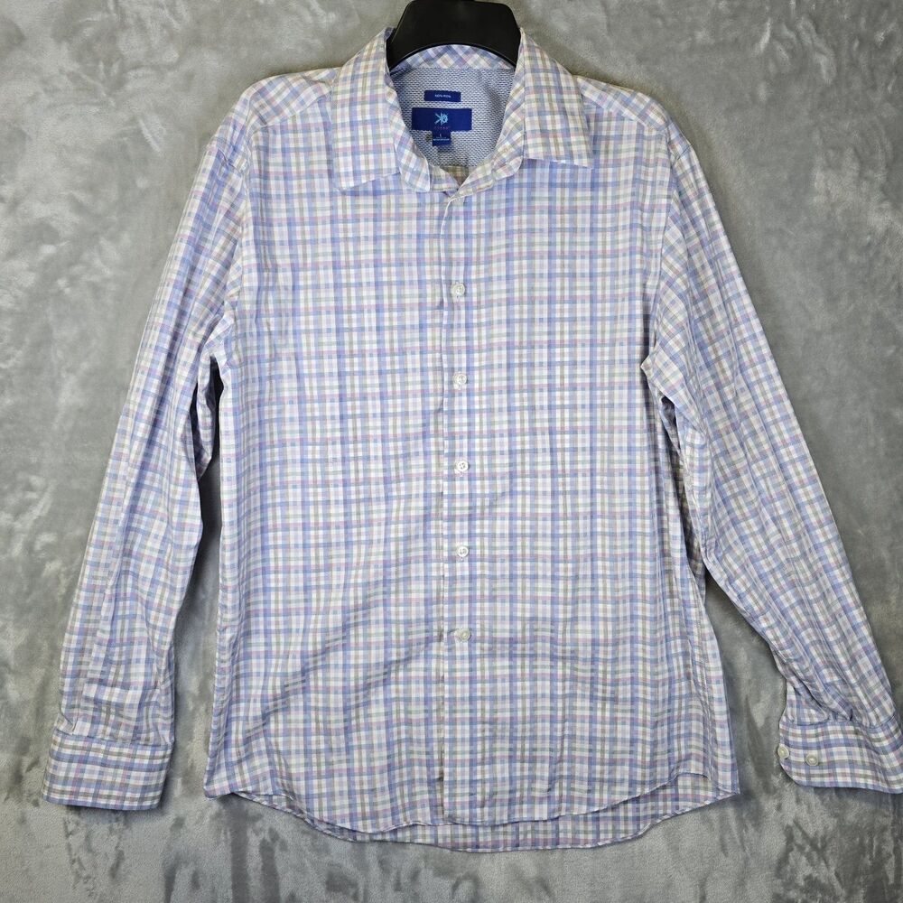 Egara Non Iron Dress Shirt Mens L Blue Pink Gray Plaid Flip Cuff Contrast Trim